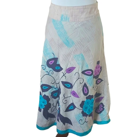 Monsoon Embroidered Skirt UK Size 16 Applique Beige Purple Blue A-line Lined - Picture 1 of 8